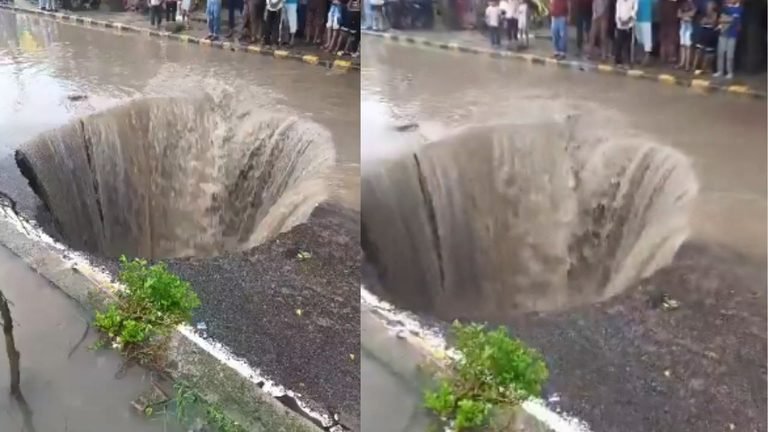 Kanpur Sinkhole Turns Road Into Waterfall After Heavy Rain