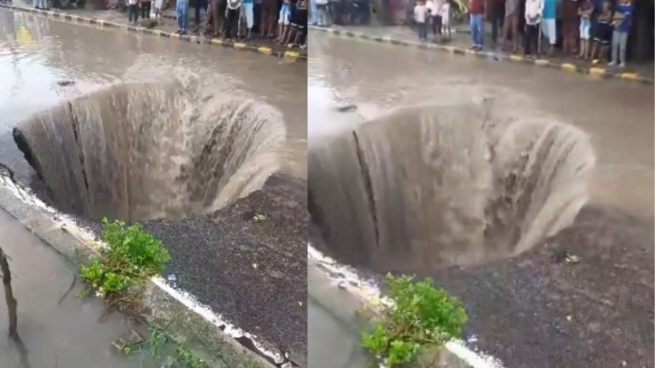 Kanpur Sinkhole Turns Road Into Waterfall After Heavy Rain